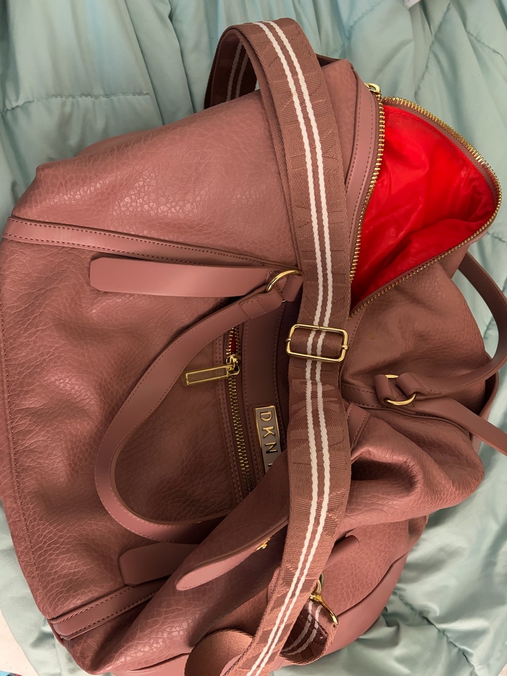 DKNY Dusty Rose Leather Shoulder Bag with Striped Adjustable Strap
